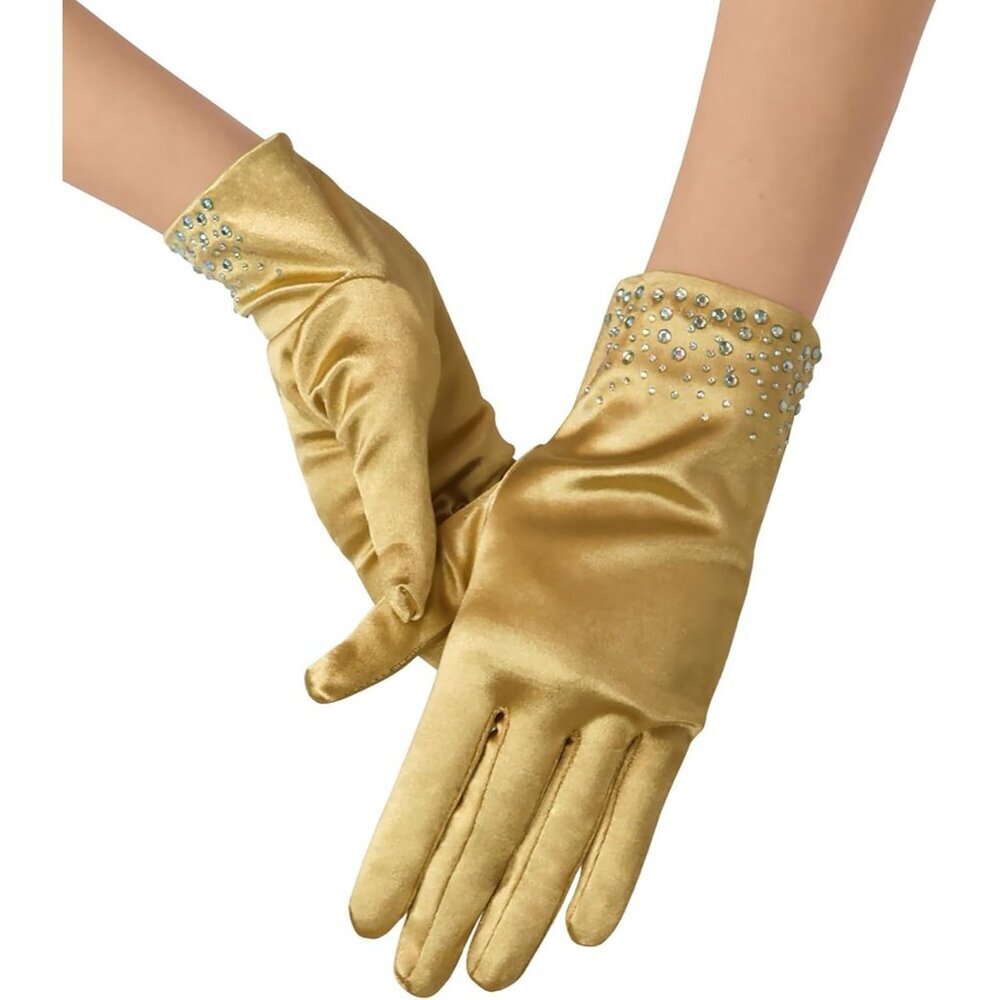 Women's Gold Sparkly Glitter Rhinestone Stretchy Satin Wrist Length Gloves